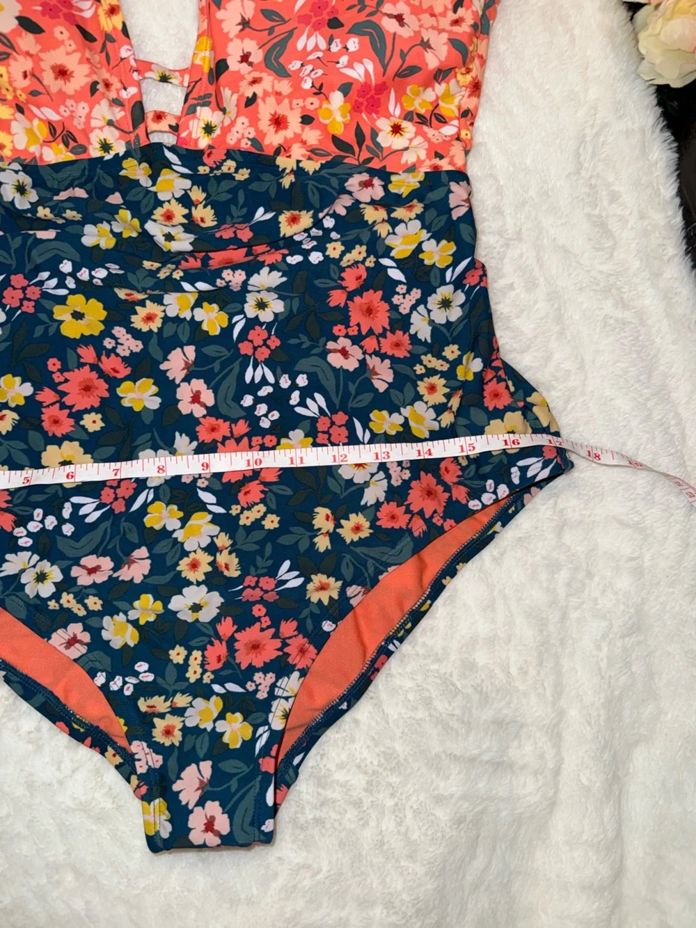 Floral Two-Tone One-Piece Swimsuit - Coral & Navy